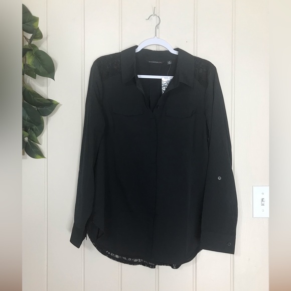 Isaac Mizrahi Black LS Buttondown Dress Blouse Lace Back & Shoulders Ladies NWOT - Picture 4 of 12